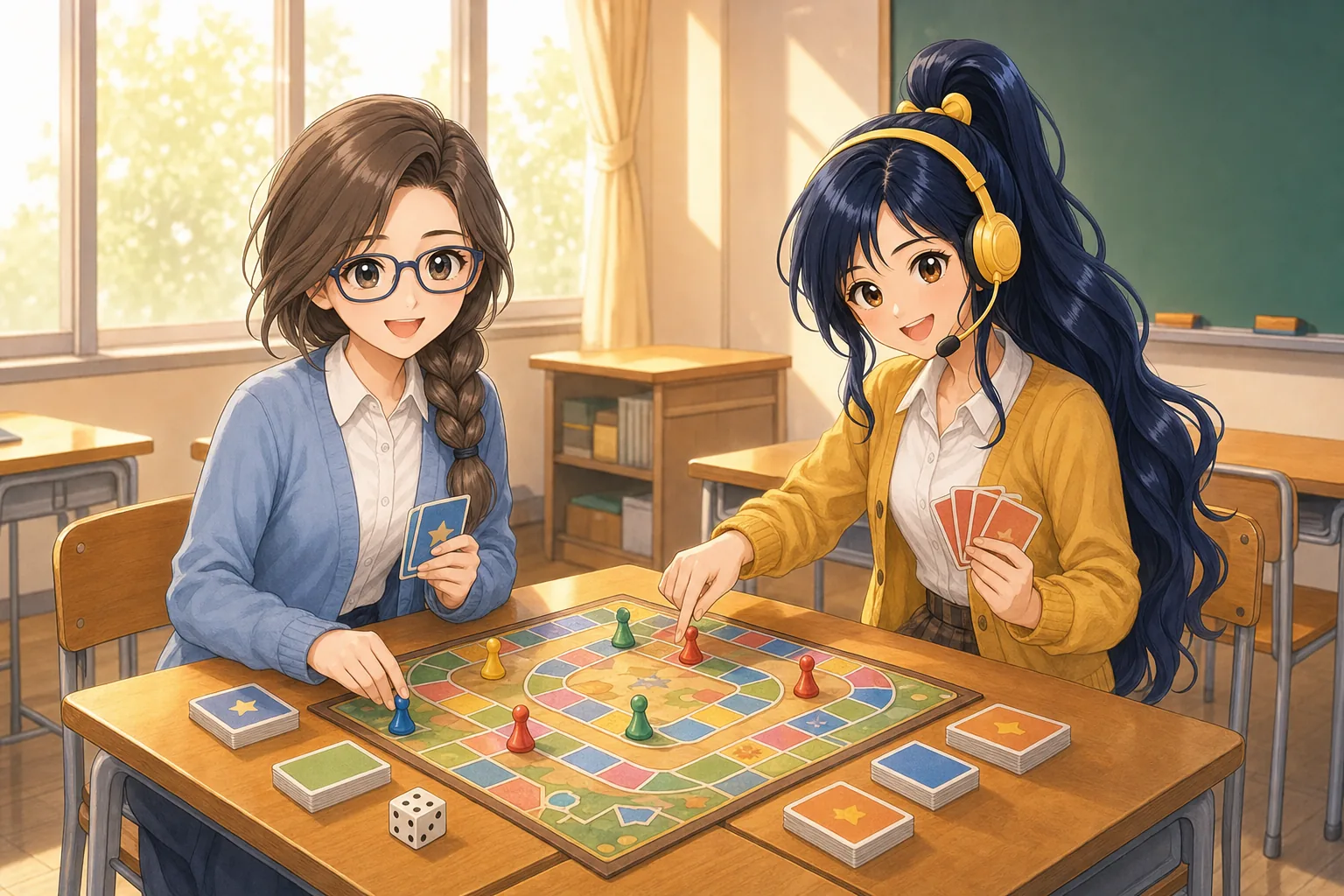 灰原さや、紺野アキが放課後の教室でボードゲームを楽しむ様子
