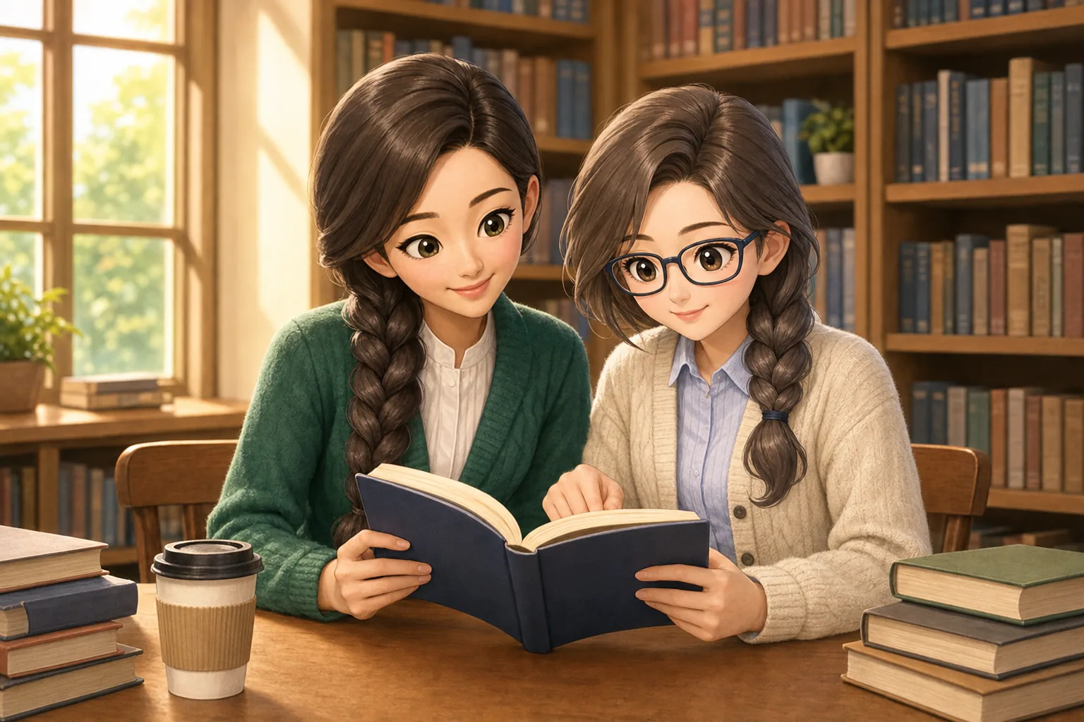 銀城ナディア先生、灰原さやが図書室で読書会を楽しむ様子