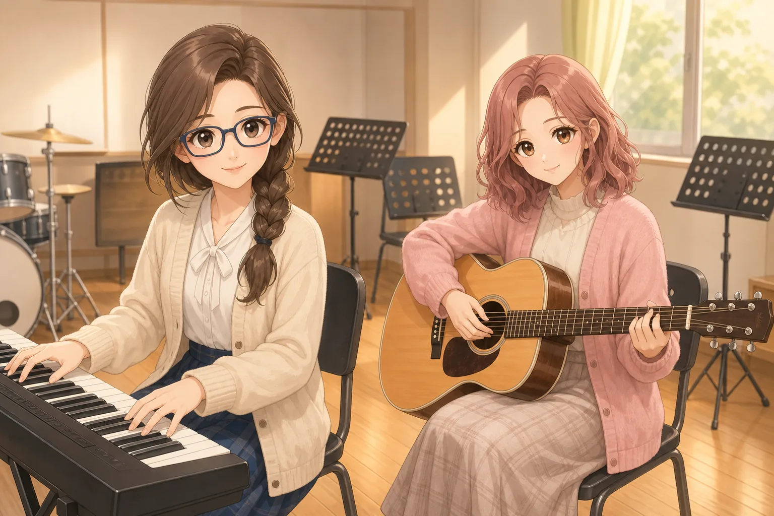 灰原さや、薔薇崎ねむが音楽室でセッションを楽しむ様子