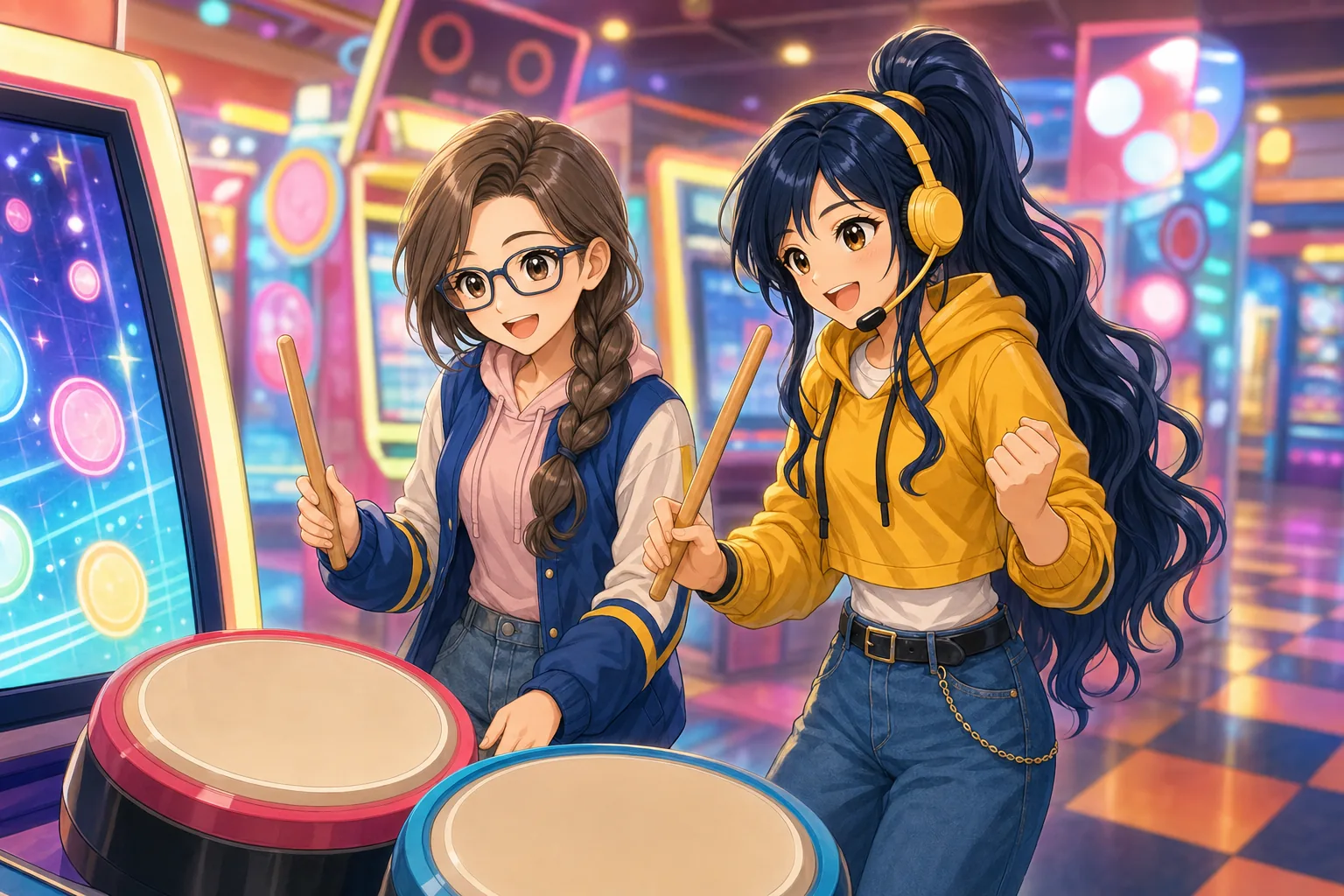 紺野アキ、灰原さやがゲームセンターで協力プレイを楽しむ様子