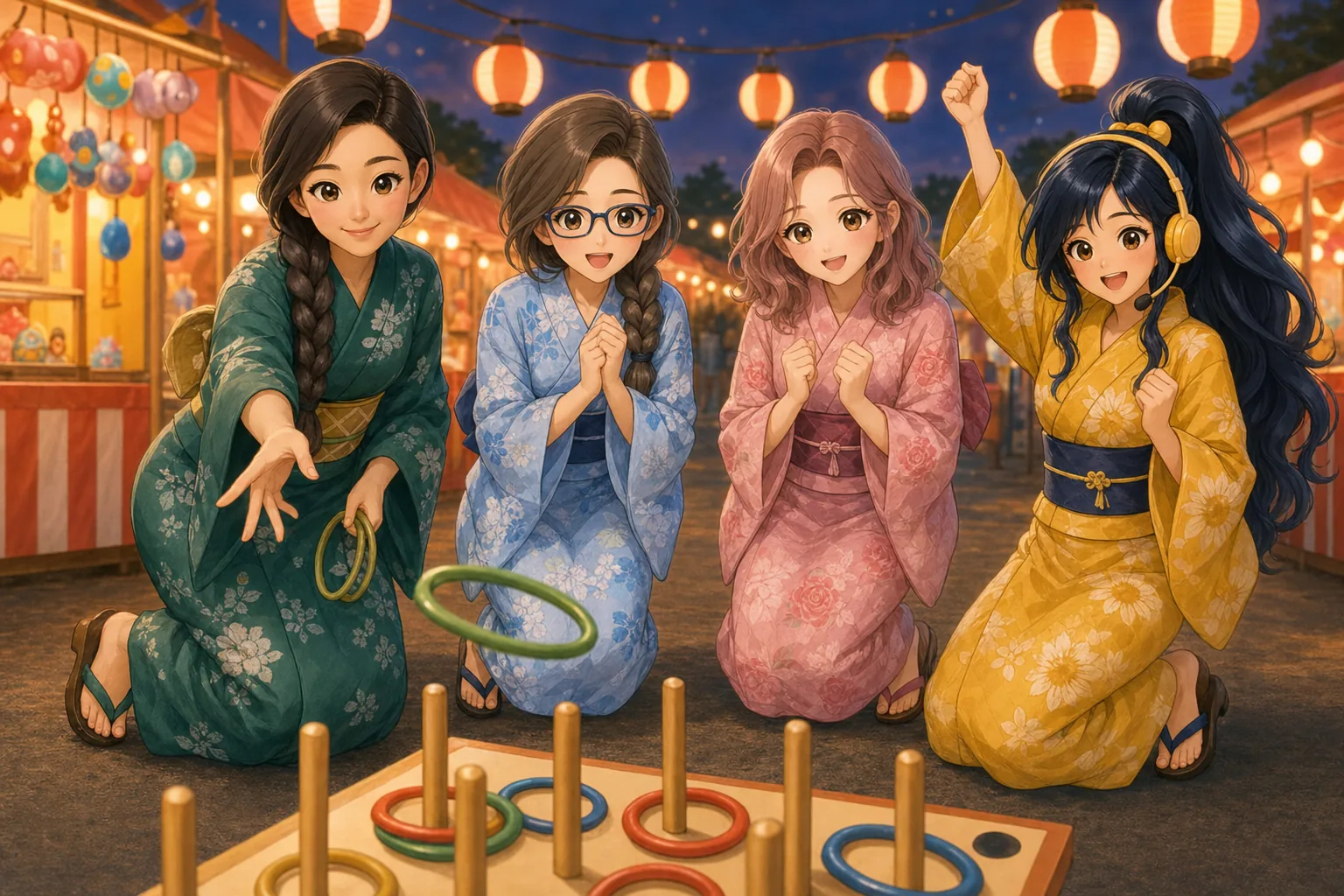 銀城ナディア先生、灰原さや、薔薇崎ねむ、紺野アキが夏祭りで輪投げを楽しむ様子