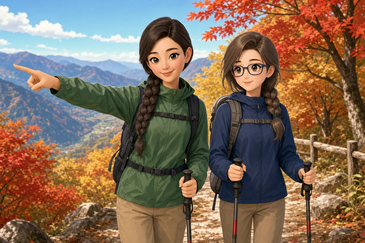 銀城ナディア先生、灰原さやが紅葉の山をハイキングを楽しむ様子