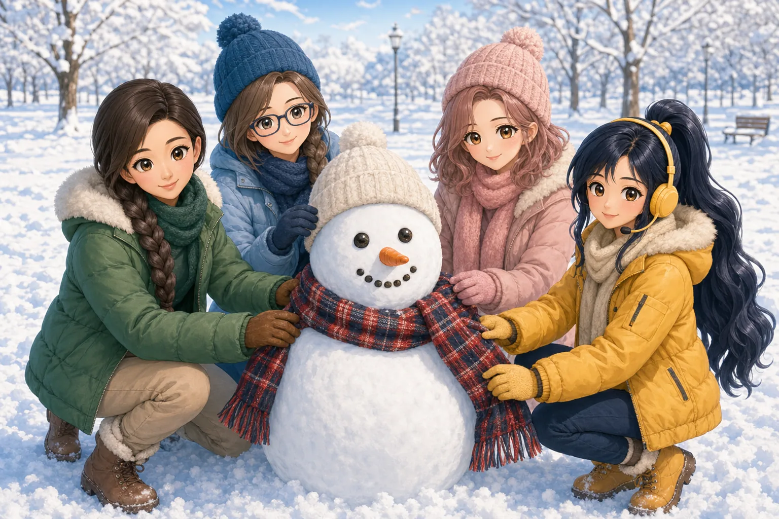 銀城ナディア先生、灰原さや、薔薇崎ねむ、紺野アキが雪だるま作りを楽しむ様子