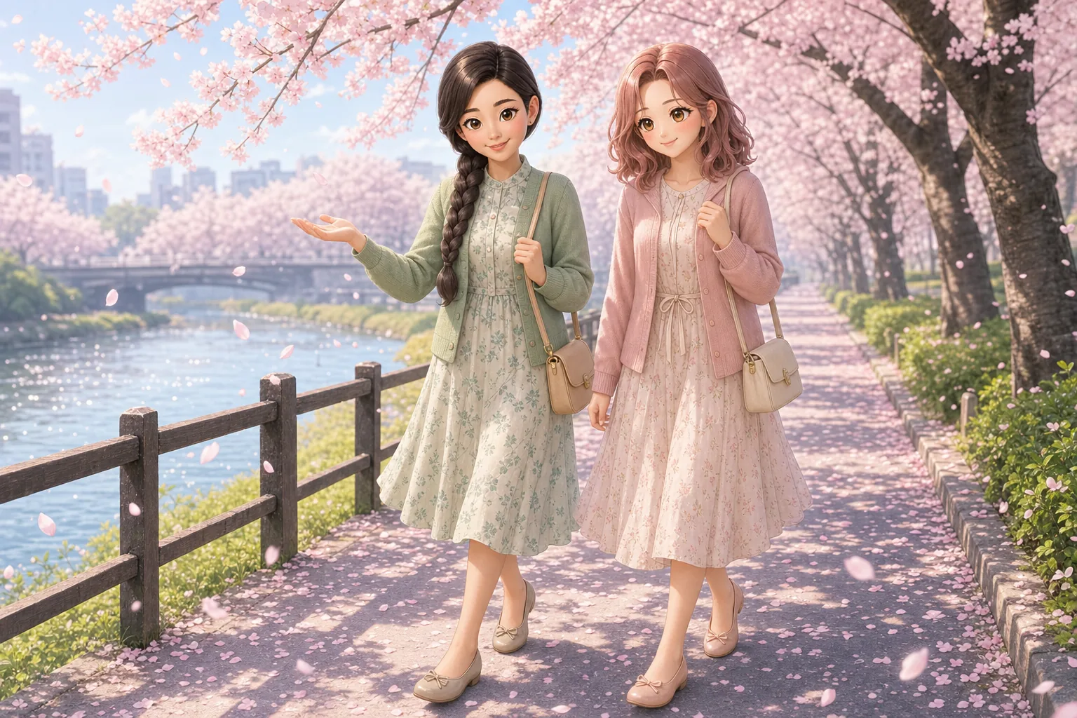 銀城ナディア先生、薔薇崎ねむが桜並木をお散歩を楽しむ様子