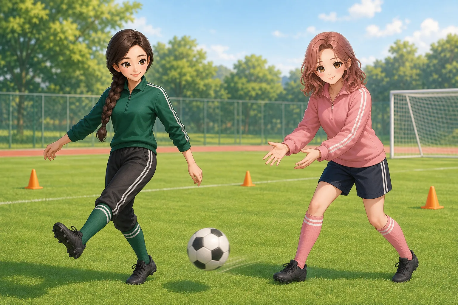 銀城ナディア先生、薔薇崎ねむがグラウンドでサッカー練習を楽しむ様子